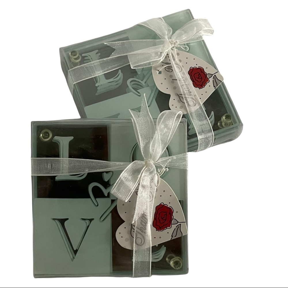KATE ASPEN Glass Coasters 3.5" Square Tempered Etched “LOVE” Two Sets of Four